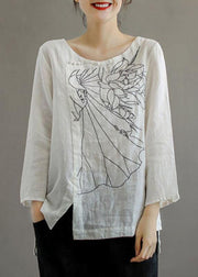 Elegant Pink O-Neck Button Embroideried Fall Linen Long Sleeve Top - SooLinen