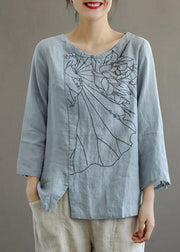 Elegant Pink O-Neck Button Embroideried Fall Linen Long Sleeve Top - SooLinen