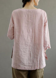 Elegant Pink O-Neck Button Embroideried Fall Linen Long Sleeve Top - SooLinen