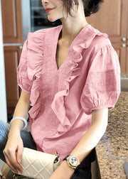 Elegant Pink V Neck Ruffled Top Short Sleeve