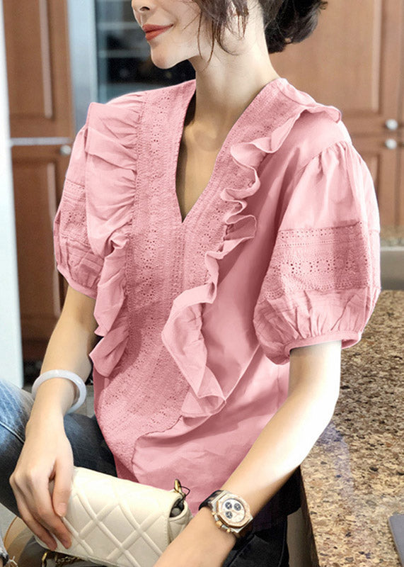 Elegant Pink V Neck Ruffled Top Short Sleeve