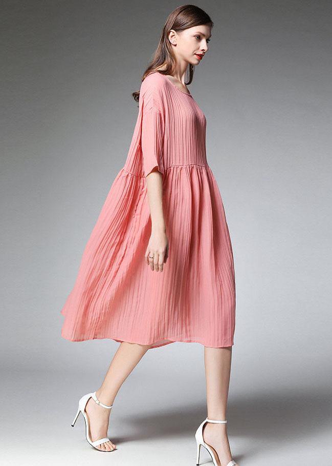 Elegant Pink Wrinkled Pockets Summer Dress Half Sleeve - SooLinen