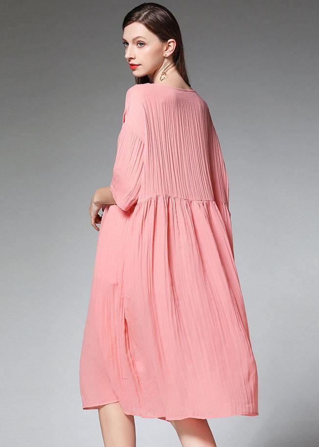 Elegant Pink Wrinkled Pockets Summer Dress Half Sleeve - SooLinen