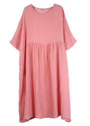 Elegant Pink Wrinkled Pockets Summer Dress Half Sleeve - SooLinen