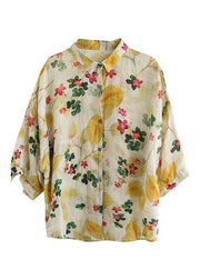 Elegant Print Peter Pan Collar Button Summer Linen Top Three Quarter Sleeve - SooLinen