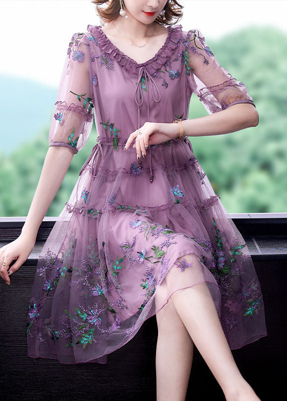 Elegant Purple Embroideried Tulle Holiday Dress Short Sleeve