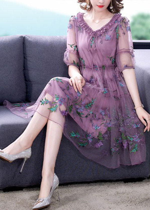 Elegant Purple Embroideried Tulle Holiday Dress Short Sleeve