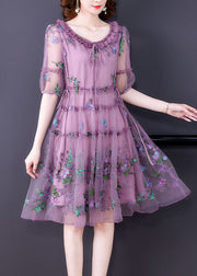 Elegant Purple Embroideried Tulle Holiday Dress Short Sleeve