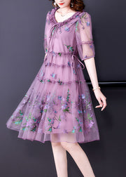 Elegant Purple Embroideried Tulle Holiday Dress Short Sleeve