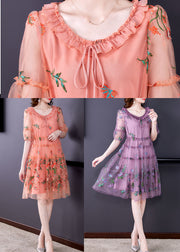 Elegant Purple Embroideried Tulle Holiday Dress Short Sleeve