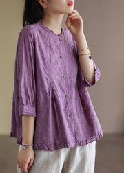 Elegant Purple Wrinkled Embroideried Linen Shirts Bracelet Sleeve