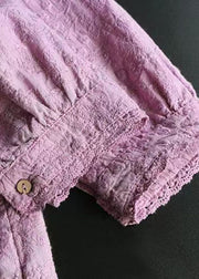 Elegant Purple Wrinkled Embroideried Linen Shirts Bracelet Sleeve