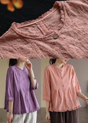 Elegant Purple Wrinkled Embroideried Linen Shirts Bracelet Sleeve