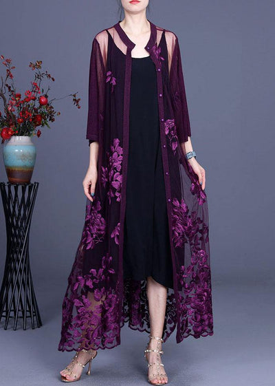 Elegant Purple tulle Embroideried Cardigans Two Piece Set Women Clothing - SooLinen