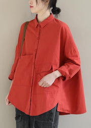 Elegant Red Blouse Lapel Asymmetric Short Shirt Top - SooLinen