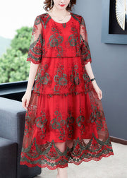 Elegant Red O-Neck Embroideried Tulle Vacation Dress Half Sleeve