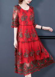 Elegant Red O-Neck Embroideried Tulle Vacation Dress Half Sleeve