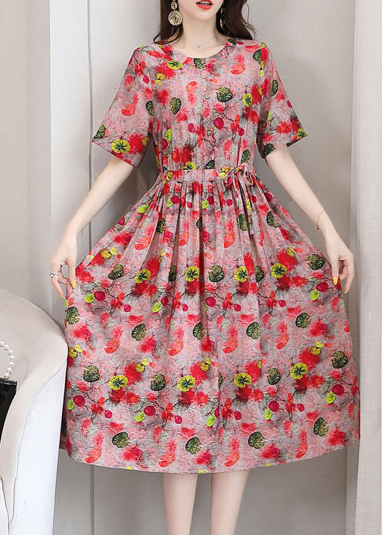 Elegant Red O-Neck Print 2024 Linen Cinch Dresses Short Sleeve