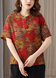 Elegant Red O-Neck Print 2024 Silk Shirts Short Sleeve