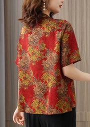 Elegant Red O-Neck Print 2024 Silk Shirts Short Sleeve