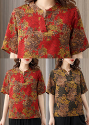 Elegant Red O-Neck Print 2024 Silk Shirts Short Sleeve