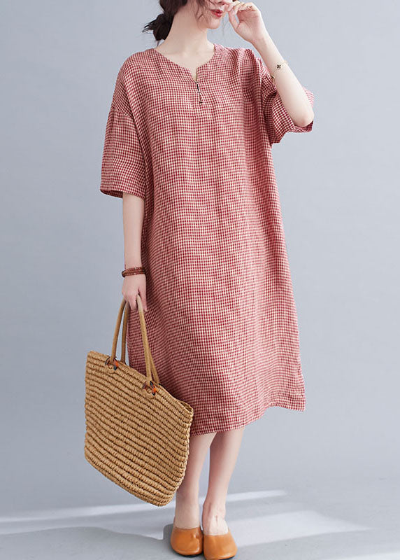 Elegant Red Pockets Plaid Cotton Vacation Dresses Short Sleeve