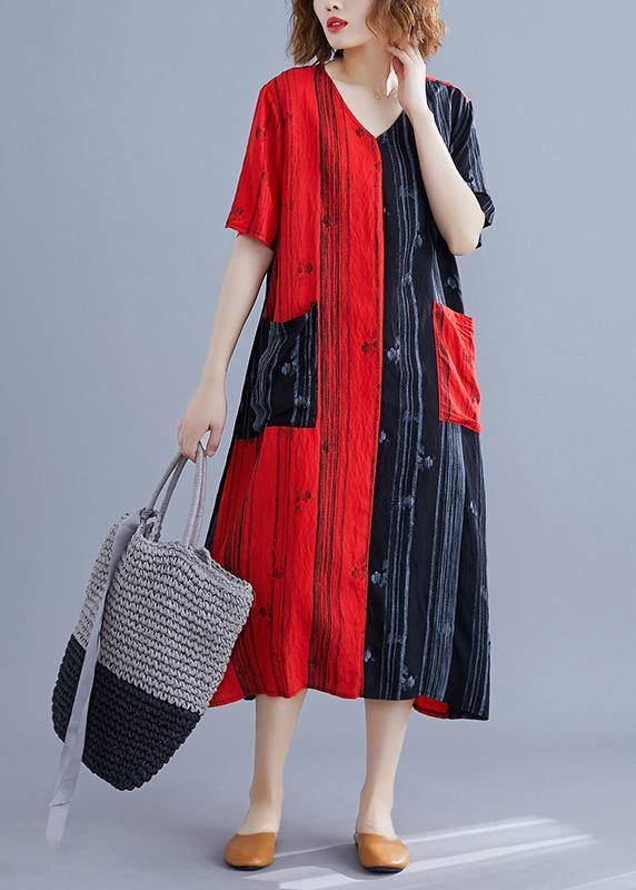 Elegant Red Print Cotton Patchwork Summer Dress - SooLinen