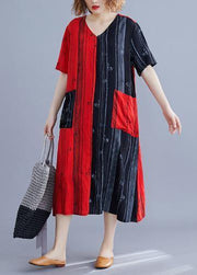 Elegant Red Print Cotton Patchwork Summer Dress - SooLinen