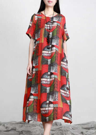 Elegant Red Print Linen Dress Pockets - SooLinen