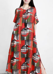 Elegant Red Print Linen Dress Pockets - SooLinen