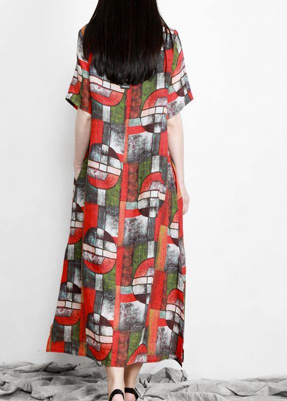 Elegant Red Print Linen Dress Pockets - SooLinen