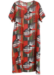 Elegant Red Print Linen Dress Pockets - SooLinen