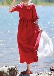 Elegant Red Quilting Clothes O Neck Drawstring Kaftan Spring Dresses - SooLinen