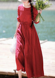 Elegant Red Quilting Clothes O Neck Drawstring Kaftan Spring Dresses - SooLinen