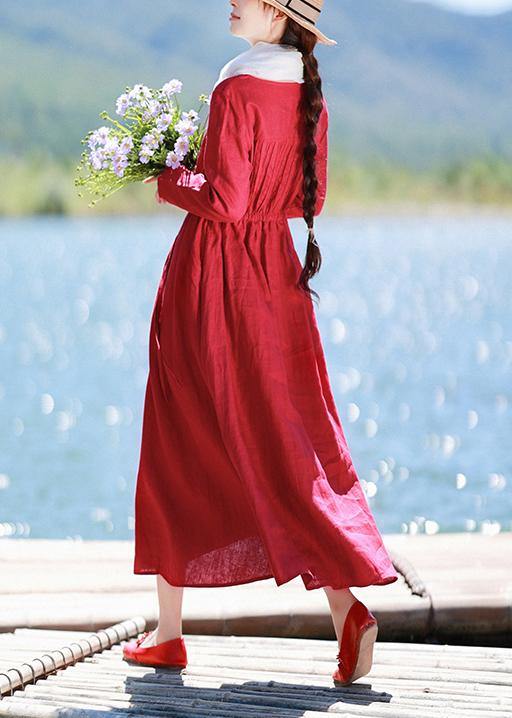 Elegant Red Quilting Clothes O Neck Drawstring Kaftan Spring Dresses - SooLinen