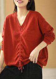 Elegant Red V Neck Pockets Drawstring Fall Loose Sweatshirts Top