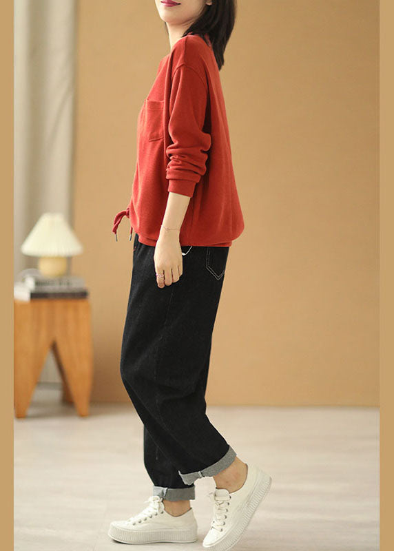 Elegant Red V Neck Pockets Drawstring Fall Loose Sweatshirts Top