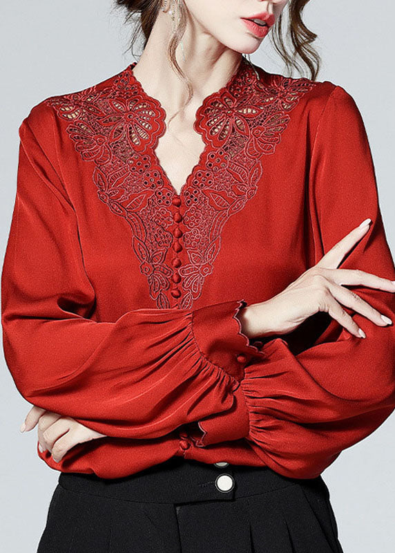 Elegant Red V Neck button Embroideried Patchwork Silk Shirt Top Spring