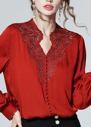 Elegant Red V Neck button Embroideried Patchwork Silk Shirt Top Spring