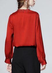 Elegant Red V Neck button Embroideried Patchwork Silk Shirt Top Spring