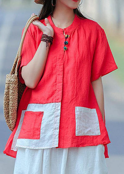 Elegant Red for women Omychic Cotton Literary Summer Cardigan Short Sleeve Shirt - SooLinen