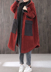 Elegant Red hooded Pockets Button Winter Coat Long sleeve