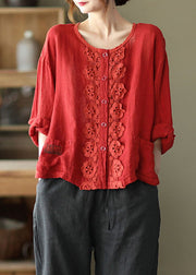 Elegant Red retro Button Pockets Loose Fall Top