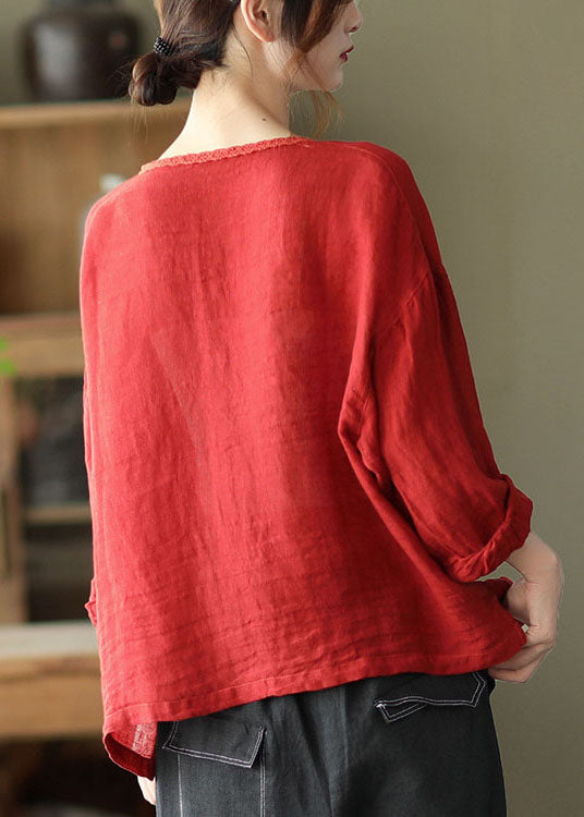 Elegant Red retro Button Pockets Loose Fall Top