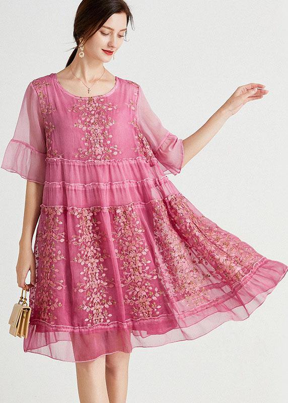 Elegant Rose Embroideried Patchwork Summer Dresses Half Sleeve - SooLinen