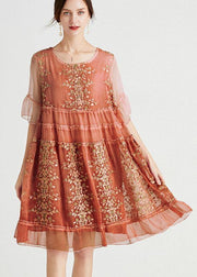 Elegant Rose Embroideried Patchwork Summer Dresses Half Sleeve - SooLinen