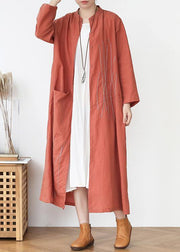 Elegant Rubber red Pockets Linen long clothes Spring Trench - SooLinen