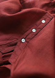 Elegant Solid Red V Neck Wrinkled Low High Design Linen Shirts Short Sleeve