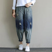 Elegant Spring Casual Pants Stylish Denim Dark Blue Shape Elastic Waist Hole Wild Pants - SooLinen