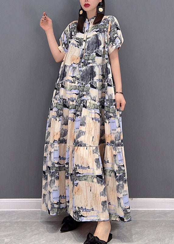 Elegant Stand Collar Button Print Patchwork Wrinkled Chiffon Long Dress Short Sleeve